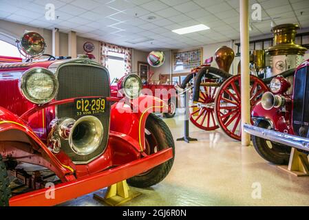 Kanada, Nova Scotia, Yarmouth, Feuerwehrmuseum von Nova Scotia, Anzeige der antiken Löschausrüstung Stockfoto