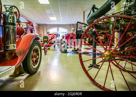 Kanada, Nova Scotia, Yarmouth, Feuerwehrmuseum von Nova Scotia, Anzeige der antiken Löschausrüstung Stockfoto