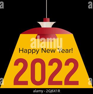 Frohes neues Jahr 2022 Text beleuchtet durch gelbes Licht der schwedischen Lampe. Feier- und Saisondekoration für Weihnachtsfeiertage Branding, Neujahr Banner Stock Vektor