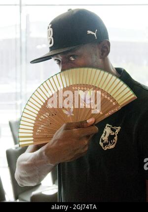 STOCKHOLM 20110728 : jamaikanischer Sprinter Usain Bolt während einer Pressekonferenz am 28. Juli 2011 in Stockholm, Schweden. Bolt wird am 29. Juli beim Leichtathletik-Treffen der DN-galan Diamond League im Stockholmer Stadion antreten. Foto: Leif R Jansson / SCANPIX / Code 10020 ** SCHWEDEN AUS ** Stockfoto