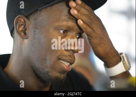STOCKHOLM 20110728 : jamaikanischer Sprinter Usain Bolt während einer Pressekonferenz am 28. Juli 2011 in Stockholm, Schweden. Bolt wird am 29. Juli beim Leichtathletik-Treffen der DN-galan Diamond League im Stockholmer Stadion antreten. Foto: Leif R Jansson / SCANPIX / Code 10020 ** SCHWEDEN AUS ** Stockfoto