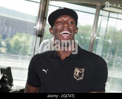 STOCKHOLM 20110728 : jamaikanischer Sprinter Usain Bolt während einer Pressekonferenz am 28. Juli 2011 in Stockholm, Schweden. Bolt wird am 29. Juli beim Leichtathletik-Treffen der DN-galan Diamond League im Stockholmer Stadion antreten. Foto: Leif R Jansson / SCANPIX / Code 10020 ** SCHWEDEN AUS ** Stockfoto