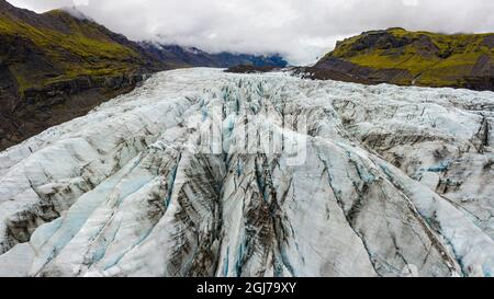 Europa, Island. Luftaufnahme der Endstation des Svínafellsjokull Gletschers an der Südküste Islands. Stockfoto