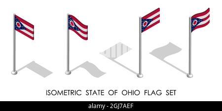 Isometrische Flagge des amerikanischen Staates OHIO in statischer Position und in Bewegung auf Fahnenmast. 3d-Vektor Stock Vektor