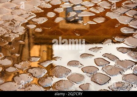 Italien, Rom. Pfütze mit Reflexen in Kopfsteinpflaster nach Regensturm. Stockfoto