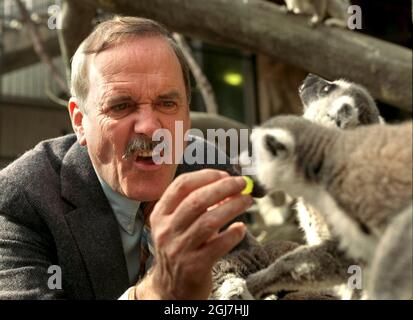 DATEI 1997-04-22. John Cleese, englischer Schauspieler, Komiker, Schriftsteller und Filmproduzent, in Schweden, um für seinen neuen Film Fierce Creatures zu werben. Abgebildet füttert er seine neuen Freunde, die Lemuren im Freilichtmuseum Skansen. Foto: Pawel Flato / SCANPIX Code: 50000 Stockfoto