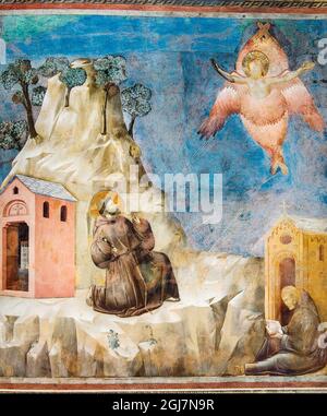 Assisi, Umbrien, Italien. Fresko der Vision des heiligen Franziskus von einer Seraphe von Giotto, in der Basilika von San Francesco. (Nur Für Redaktionelle Zwecke) Stockfoto