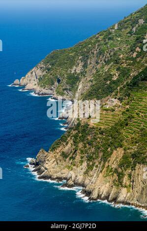 Küste des Nationalparks Cinque Terre südlich von Riomaggiore, Cinque Terre, Italien. Stockfoto