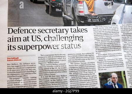 „Verteidigungsminister zielt auf die USA und stellt ihren Supermachtstatus in Frage.“ Guardian Inside Page headline 2 September 2021 London England Großbritannien Stockfoto