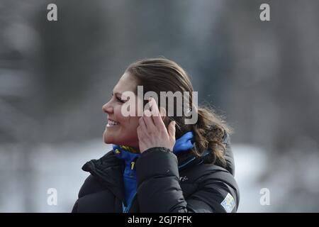 VAL DI FIEMME 20130226 Kronprinzessin Victoria wird bei den Damen-10-km-Skifahrten bei den Langlaufweltmeisterschaften im Val Di Fiemme, Italien, am 26. Februar 2013 gesehen. Foto: Pontus Lundahl / SCANPIX / kod 10050 Stockfoto