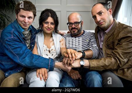 Die Schauspieler Michael Cera, Alia Shawkat, David Cross und Tony Hale fotografierten in Stockholm, Schweden, um die Fernsehserie Arrested Development Saison 4 zu fördern, die am 26. Mai 2013 Premiere feiert. Stockfoto