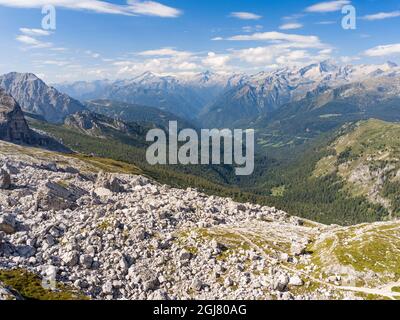 Blick über das Val Rendena in Richtung Adamello-Gruppe. Die Brenta-Dolomiten, UNESCO-Weltkulturerbe. Italien, Trentino, Val Rendena Stockfoto