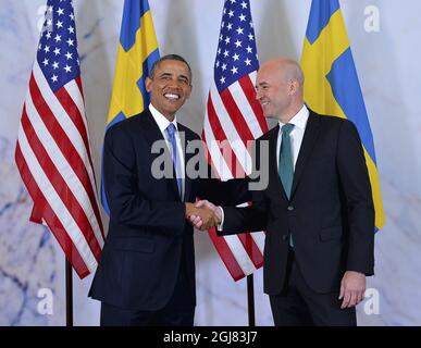 STOCKHOLM 20130904S US-Präsident Barack Obama und der schwedische Premierminister Fredrik Reinfeldt während ihres Treffens in den Regierungsbüros in Stockholm, Schweden, am 4. September 2013. Präsident Obama ist vor einem G20-Gipfel in Russland zu bilateralen Gesprächen in Schweden. Foto Jonas Ekstromer / SCANPIX kod 10030 Stockfoto
