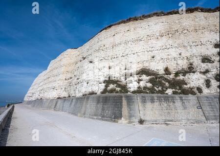 Rottingdean Cliff Path (Cliff Walk) und weiße Kreidefelsen im Sommer mit blauem Himmel in Rottingdean, an der Südküste von East Sussex, England, Großbritannien. Stockfoto