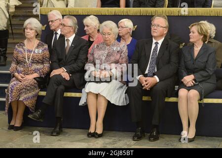 STOCKHOLM 2013-09-19 Prinzessin Margaretha, Tord Magnuson, Prinzessin Christina, der ehemalige Premierminister Goran Persson und seine Frau Anitra Steen während eines Empfangs im Königlichen Palast in Stockholm am 19. September 2013 anlässlich des Gedenkens an den König 40 Jahre als Staatsoberhaupt. Foto: Leif R Jansson / SCANPIX kod 10020 Stockfoto