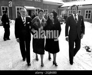 â© SCANPIX, Stockholm, Schweden, 19760313, Foto: Gunnar Lundmark / SCANPIX Code 31002** File ***nach Angaben der schwedischen Tageszeitung Expressen war der Vater der schwedischen Königinnen Silvia, Walther Sommerlath, während des Krieges Mitglied der deutschen Nazipartei. Walther Sommerlath arbeitete als Geschäftsmann in Heidelberg, Deutschland sowie während des Zweiten Weltkriegs in Brasilien. Foto; (l-r) Walther Sommerlath, Königin Silvia, Alce Sommerlath und König Carl Gustav Stockfoto