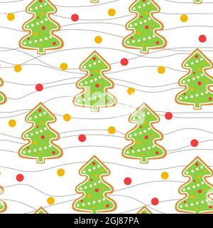 Weihnachtsmuster mit verzierten Weihnachtsbäumen und Konfetti-Vektor-Illustration. Festlicher Hintergrund mit Lebkuchen und Faden. Vorlage für Geschenk w Stock Vektor