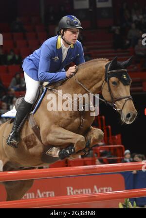 STOCKHOLM 2013-11-28 Christian Ahlmann reitet auf dem Pferd Barco beim International Jumping auf der Stockholm International Horse Show in der Globe Arena in Stockholm, Schweden, am 29. November 2013. Foto: Fredrik Sandberg / TT / Code 10080 Stockfoto