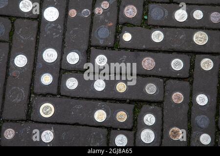 Europa, Niederlande, Den Haag. Weltmünzen eingebettet in Ziegelstein Bürgersteig. Stockfoto