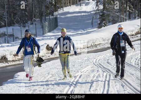 SOTSCHI 2014-02-05 die schwedischen Langläufer Anna Haag, Emma WikÃ©n und Sara Lindborg nach dem Training bei den Olympischen Spielen 2014 in Sotschi am 5. Februar 2014. Foto: Maja Suslin / TT / Kod 10300 Stockfoto