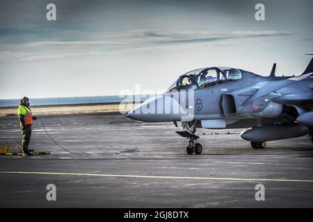 *für Ihre Dateien* ICELAND2014-03-24 * Fotodatum 2014-02-12* Ein JAS Gripen-Abfangjäger der schwedischen Luftwaffe ist während der NATO-Übung im Februar 2014 in Island zu sehen.Foto: Yvonne Asell / SVD / TT / Kod: 30202 ** OUT SWEDEN OUT ** Stockfoto