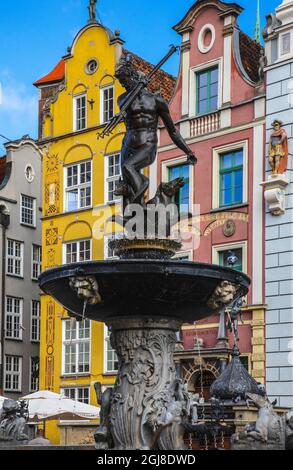 Neptuns Brunnen, der Anfang des 17. Jahrhunderts erbaut wurde, ist ein Meisterwerk des Manierismus-Rokoko in Danzig, Polen. Stockfoto