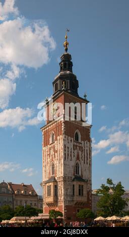 Rathausturm auf dem Hauptplatz, Rynek Glowny, der Altstadt von Krakau, Polen Stockfoto