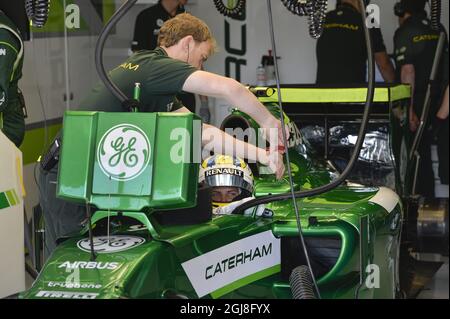 BARCELONA 20140509 Marcus Ericsson (SWE) vom Renault Caterham Team wird beim ersten freien Training des spanischen F1 Grand Prix auf dem Kurs Barcelona-Catalunya in Montmelo am 9. Mai 2014 gesehen. Foto anders Wiklund / TT / kod 10040 Stockfoto