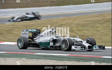 BARCELONA 2014-05-10 der britische Formel-1-Pilot Lewis Hamilton von Mercedes AMG GP, hier in Aktion gesehen, gewann am 11. Mai 2014 den Formel-1-Grand-Prix von Spanien 2014 auf dem Circuit de Catalunya in Montmelo bei Barcelona, Spanien. Foto anders Wiklund / TT / Kod 10040 Stockfoto