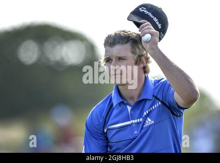 Eddie Pepperell, Englands, am dritten Tag der Nordea Masters im PGA of Sweden National Golf Club außerhalb von Malmö, Schweden, Samstag, 31. Mai 2014. Pepperell teilt die Führung mit Henrik Stenson. Stockfoto