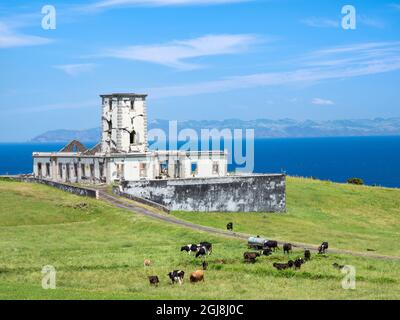 Farol da Ribeirinha, ein Leuchtturm, der durch ein Erdbeben zerstört wurde. Faial Island, eine Insel auf den Azoren im Atlantischen Ozean. Die Azoren sind autonom Stockfoto