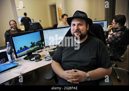 STOCKHOLM 2014-09-11 Datei 20110405 - Markus Persson, der Schöpfer des Computerspielerunternehmens Mojang in Stockholm, Schweden, in einem Filer aus dem Jahr 2011. Nach schwedischen Medien Computer-Software-Riese Microsoft ist im Begriff, das Unternehmen zu kaufen. Mojang ist der Schöpfer des Computerspiels Minecraft Foto Emma Johansson / DN / SCANPIX / Kod 3000 **OUT SWEDEN OUTT ** Stockfoto