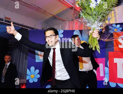 STOCKHOLM 2014-09-14 der Parteivorsitzende Jimmie Akesson reagiert auf die Wahlnachtsparty der Schwedischen Demokraten in Stockholm am Sonntagabend. Ausstiegsumfragen deuten darauf hin, dass die Partei nach den Parlamentswahlen in Schweden am 14. September 2014 die drittgrößte im schwedischen parlament sein wird. Foto: Anders Wiklund / TT / Kod 10040 Stockfoto