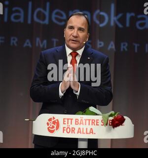 STOCKHOLM 2014-09-14 Oppositionsführer Stefan Lofven spricht bei der Wahlnachtspartei der Sozialdemokraten in Stockholm, Schweden, nach der Mitteilung des Premierministers, dass die Regierung aufgrund der Ergebnisse der schwedischen Parlamentswahlen am 14. September 2014 zurücktreten wird. Foto: Claudio Brescaiani / TT / Kod 10090 Stockfoto