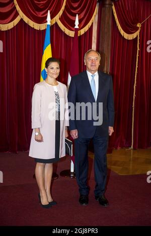 RIGA 2014-09-17 Kronprinzessin Victoria von Schweden trifft sich mit dem lettischen Präsidenten Andris BAÂ“rziAÂ†AÂ¡ in Riga Lettland 17. September 2014. . Victoria ist auf einem offiziellen Besuch in Lettland Foto: Suvad Mrkonjic / EXP / TT / kod 7116 ** OUT SWEDEN OUT** Stockfoto
