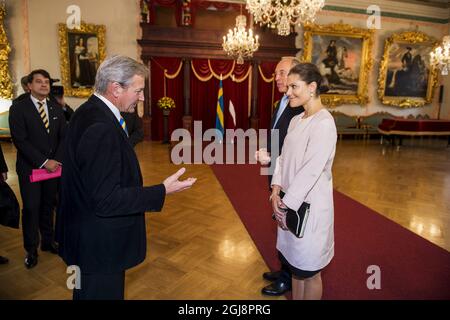RIGA 2014-09-17 Kronprinzessin Victoria von Schweden trifft sich mit dem lettischen Präsidenten Andris BAÂ“rziAÂ†AÂ¡ in Riga Lettland 17. September 2014. . Victoria ist auf einem offiziellen Besuch in Lettland Foto: Suvad Mrkonjic / EXP / TT / kod 7116 ** OUT SWEDEN OUT** Stockfoto