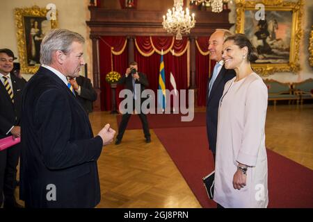 RIGA 2014-09-17 Kronprinzessin Victoria von Schweden trifft sich mit dem lettischen Präsidenten Andris BAÂ“rziAÂ†AÂ¡ in Riga Lettland 17. September 2014. . Victoria ist auf einem offiziellen Besuch in Lettland Foto: Suvad Mrkonjic / EXP / TT / kod 7116 ** OUT SWEDEN OUT** Stockfoto