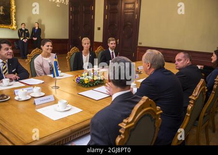 RIGA 2014-09-17 Kronprinzessin Victoria von Schweden trifft sich mit dem lettischen Präsidenten Andris BerzinÂš in Riga Lettland, 17. September 2014. . Victoria ist auf einem offiziellen Besuch in Lettland Foto: Suvad Mrkonjic / EXP / TT / kod 7116 ** OUT SWEDEN OUT** Stockfoto