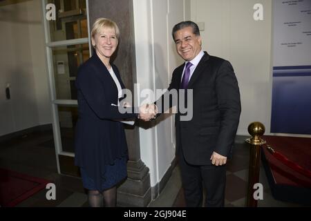 STOCKHOLM 2015-01-12 SwedenÂ Außenministerin Margot Wallstrom bei einer gemeinsamen Pressekonferenz mit Falah Mustafa Bakir, Außenministerin der Regionalregierung Kurdistans (KRG), nach ihrem Treffen im Außenministerium in Stockholm am 12. januar 2015. Foto: Fredrik Sandberg / TT / Kod 10080 Stockfoto