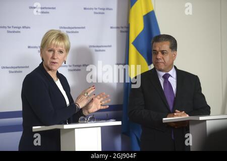 STOCKHOLM 2015-01-12 SwedenÂ Außenministerin Margot Wallstrom bei einer gemeinsamen Pressekonferenz mit Falah Mustafa Bakir, Außenministerin der Regionalregierung Kurdistans (KRG), nach ihrem Treffen im Außenministerium in Stockholm am 12. januar 2015. Foto: Fredrik Sandberg / TT / Kod 10080 Stockfoto