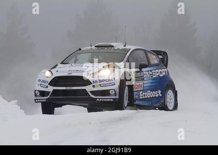 HAGFORS 2015-02-12 Elfyn Evans, Wales in seinem Ford Fiesta RS WRC während der Freitagsrunde bei der Rallye Schweden in Hagfors, Schweden, 12. Februar 2015. Foto: Micke Fransson / TT kod 61460 Stockfoto