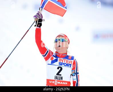 Die norwegische Therese Johaug feiert den Sieg, nachdem sie die Ziellinie des 30 km langen Massenstartevents der Frauen bei den FIS Nordischen Skiweltmeisterschaften in Falun, Schweden, am 28. Februar 2015 überquert hat. Foto: Fredrik Sandberg / TT / Code 10080 Stockfoto
