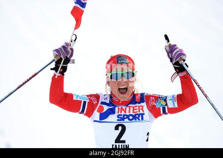 Die norwegische Therese Johaug feiert den Sieg, nachdem sie die Ziellinie des 30 km langen Massenstartevents der Frauen bei den FIS Nordischen Skiweltmeisterschaften in Falun, Schweden, am 28. Februar 2015 überquert hat. Foto: Fredrik Sandberg / TT / Code 10080 Stockfoto
