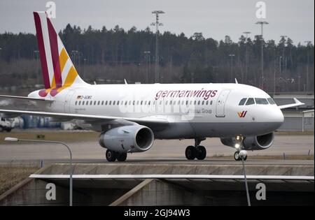 ARLANDA 2015-03-26 Ein Airbus 319 von Germanwings besteuert nach der Landung nach einem Flug von Hamburg zum Flughafen Stockholm Arlanda am 26. März 2015. Foto: Johan Nilsson / TT / Code 50090 Stockfoto