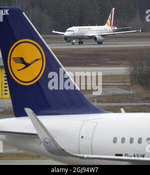 ARLANDA 2015-03-26 Ein Flugzeug des Typs Germanwings Airbus 319 bereitet sich auf den Start für einen Flug vom Flughafen Stockholm Arlanda nach Hamburg vor, der am 26. März 2015 startet. Foto: Johan Nilsson / TT / Code 50090 Stockfoto