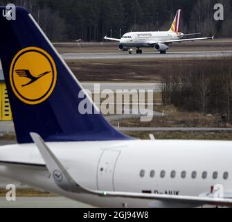 ARLANDA 2015-03-26 Ein Flugzeug des Typs Germanwings Airbus 319 bereitet sich auf den Start für einen Flug vom Flughafen Stockholm Arlanda nach Hamburg vor, der am 26. März 2015 startet. Foto: Johan Nilsson / TT / Code 50090 Stockfoto