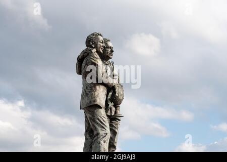 Statue von Brian Clough und Peter Taylor. Pride Park Stadium. Stockfoto