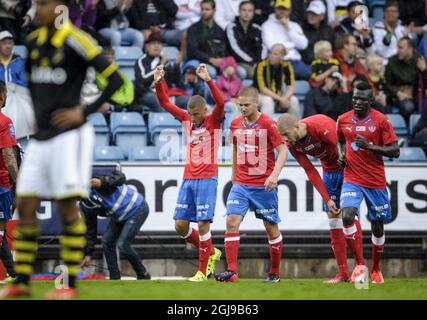 HELSINGBORG 2015-07-19 Helsingborgs Jordan Larsson (18) feiert das Tor zum ersten Tor während ihres schwedischen Fußballspieles in der ersten Liga bei Olympia im südschwedischen Helsingborg am 19. Juli 2015. Foto: Bjorn Lindgren / TT / Code 9204 Stockfoto