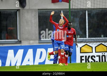 HELSINGBORG 2015-07-19 Helsingborgs Jordan Larsson feiert am 19. Juli 2015 sein 2-1-Tor im schwedischen Fußballspiel der ersten Liga bei Olympia in Helsingborg in Südschweden. Foto: Bjorn Lindgren / TT / Code 9204 Stockfoto