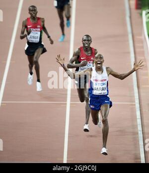 PEKING 20150822 der Brite Mohamed Farah gewinnt das 10000-Meter-Finale der Männer während der IAAF-Weltmeisterschaft 2015 in Peking im Nationalstadion in Peking, China, 22. August 2015. Foto: Jessica Gow / TT / Kod 10070 Stockfoto